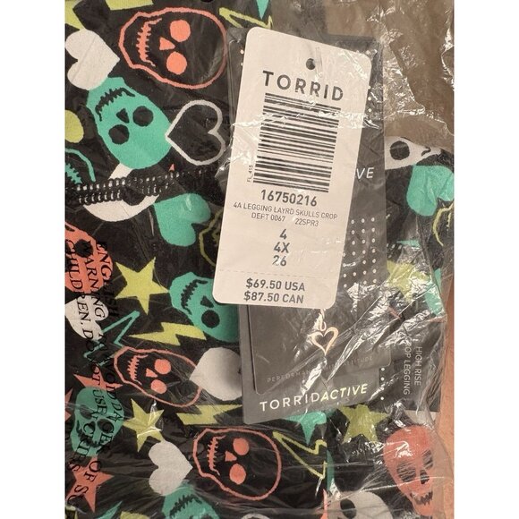 Torrid +4 Black Neon Skull Print Wide Stretch Waistband High Rise Crop Leggings - Picture 6 of 6